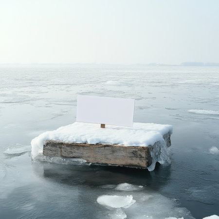 A white sign is on top of a wooden board in the middle of a frozen lake. Concept of isolation and solitude, as the sign is the only visible object in the vast, icy landscapeの素材