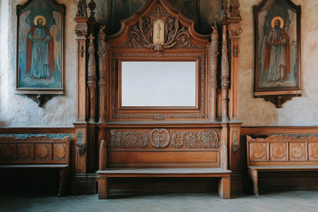 A wooden bench is in front of a large mirror. The bench is empty and the mirror is white. The room is decorated with paintings of religious figuresの素材
