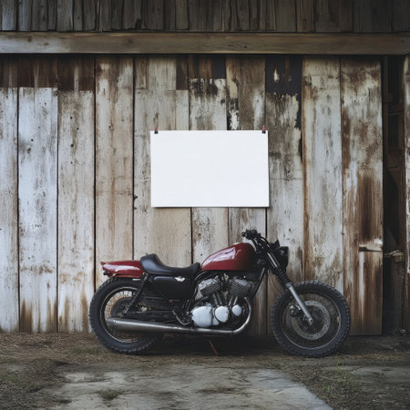 A red motorcycle is parked in front of a white wall. The motorcycle is parked in front of a white wall, which is made of woodの素材