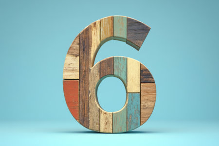 The number 6 is made out of wood and has a circular shape. It is surrounded by a blue backgroundの素材