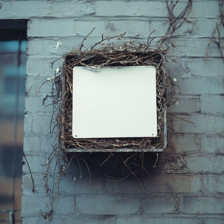 A white sign is hanging from a wall, but it is covered in branches and leaves. The sign is empty, and the branches and leaves are covering it, giving it a somewhat eerie and abandoned appearanceの素材