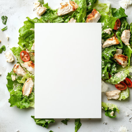 A white paper with a salad on top of it. The salad is made up of lettuce, tomatoes, and chickenの素材