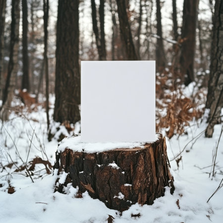 A white book is sitting on a log in the snow. The scene is quiet and peaceful, with the snow covering the ground and the trees in the background. The book is emptyの素材