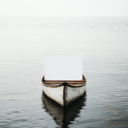 A white canoe is floating in the water with a white sign on the side. The scene is calm and peaceful, with the water reflecting the sky and the canoeの素材