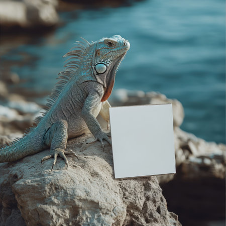 A lizard is sitting on a rock next to a white sign. The lizard is blue and has long, spiky hair. The white sign is rectangular and has no writing on it. The scene is peaceful and sereneの素材