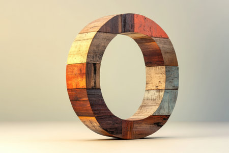 A wooden circle with the letter O in the middle. The circle is made of wood and has a rustic look to itの素材