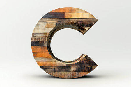 The letter C is made of wood and has a curved shape. It is a unique and creative design that stands out against the white backgroundの素材