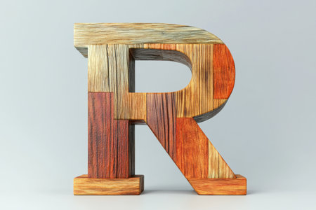The letter R is made out of wood and has a rustic, natural feel to it. The wood grain adds texture and depth to the letter, making it stand out against the white backgroundの素材