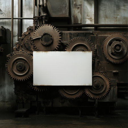A machine with a white sign on it. The sign is blank. The machine is old and rustyの素材
