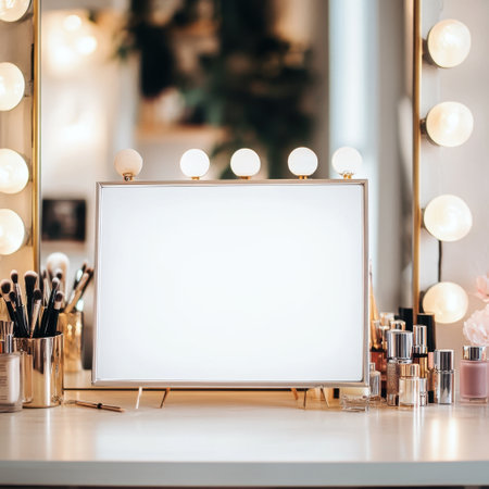 A white mirror with a sign on it and a table with makeup and other items. Scene is that of a beauty salon or a makeup artist's studioの素材