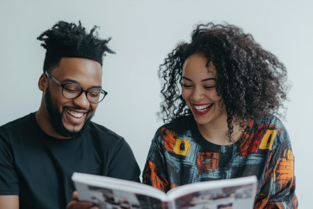 A man and a woman are smiling and looking at a magazine together. The man is wearing glasses and the woman has curly hairの素材