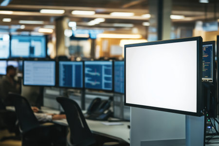 A white computer monitor sits in front of a row of computer monitors. The monitors are all turned on and are displaying various data. The room is filled with people working on their computersの素材