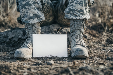 A soldier sits on the ground with a white piece of paper in front of him. Concept of solitude and contemplation, as the soldier appears to be deep in thoughtの素材