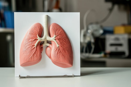 A model of a human lung is on a table. The lung is red and whiteの素材