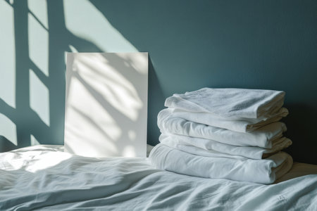 A white bed with a white sheet and a white box on top of it. The bed is unmade and the box is emptyの素材