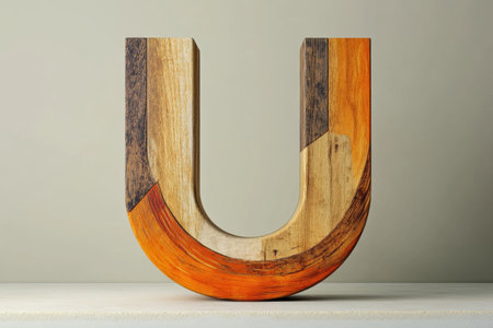 A wooden U is painted in orange and brown. The U is carved out of wood and has a unique shapeの素材
