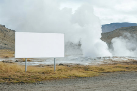 A large white sign stands in the middle of a barren, rocky landscape, with a massive cloud of steam rising in the background. The scene is desolate and barrenの素材