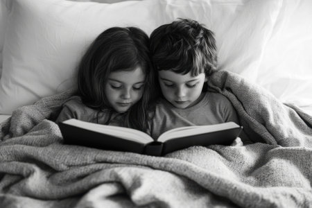 Two children are reading a book together on a bed. The book is black and white. Scene is cozy and intimate, as the children are sharing a quiet moment togetherの素材