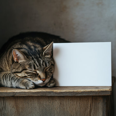 A cat is sleeping on a wooden table next to a white sign. The cat is curled up and he is in a relaxed state. The white sign is placed on the table, and it seems to be a blank piece of paperの素材