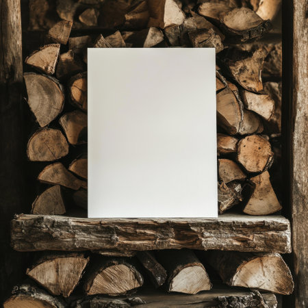 A white piece of paper is sitting on a shelf next to a pile of wood. Concept of simplicity and minimalism, with the white paper standing out against the natural, rustic backdrop of the woodの素材