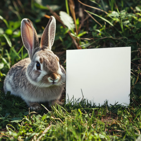 A rabbit is standing in a field with a white sign in front of it. Concept of innocence and curiosity, as the rabbit is a symbol of youth and playfulness. The white sign adds a sense of simplicityの素材