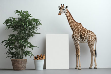 A giraffe stands in front of a white box and a potted plant. The giraffe is tall and has a long neck, and it is looking at the cameraの素材