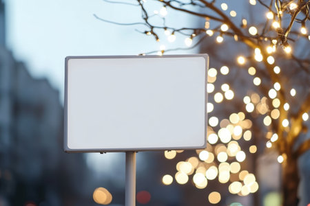 A white sign is on a pole in front of a tree. The sign is empty and the tree is lit up with lights. The scene has a peaceful and serene atmosphereの素材
