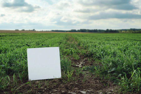 A white sign is placed in a field of grass. The sign is empty and the field is greenの素材