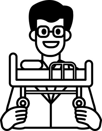 A man in a lab coat holding a medical cart. He is smiling and he is happyのイラスト素材