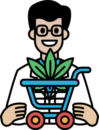 A man is holding a shopping cart with a plant in it. He is smiling and he is happyのイラスト素材