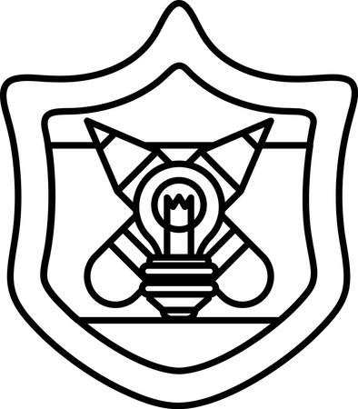 A black and white drawing of a light bulb with a shield around it. The shield is in the shape of a diamond and has a cross on it. The light bulb is surrounded by a circleのイラスト素材