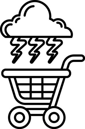 A black and white image of a shopping cart with a storm cloud above it. The storm cloud is filled with lightning bolts, giving the image a sense of danger and chaos. The shopping cart is emptyのイラスト素材