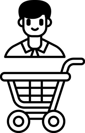 A man is smiling and holding a shopping cart. Concept of happiness and leisure, as the man is enjoying his time shoppingのイラスト素材