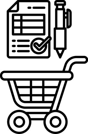 A shopping cart with a pen and a piece of paper with a check mark on it. Concept of shopping and checking items off a listのイラスト素材