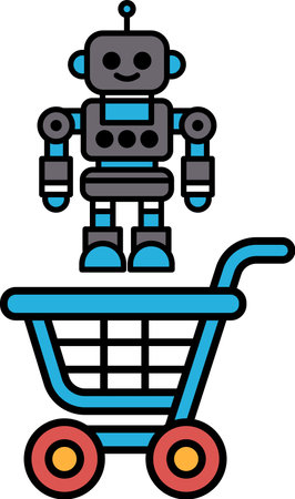 A robot is standing on top of a shopping cart. The robot is smiling and the shopping cart is blueのイラスト素材
