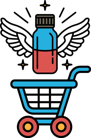 A blue shopping cart with a bottle of medicine and a winged angel on top. The angel is holding a bottle of medicine in its right handのイラスト素材