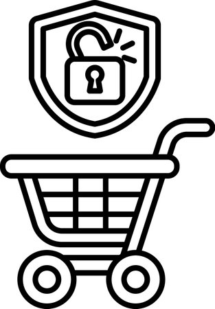 A black and white image of a shopping cart with a lock on it. The lock is on the handle of the cart, and it is a security measure to prevent theftのイラスト素材