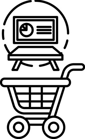 A shopping cart is shown with a computer monitor and a table in the background. Concept of shopping and technologyのイラスト素材