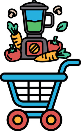 A cartoon image of a shopping cart filled with vegetables and fruits. The cart is blue and has a green handle. The vegetables include carrots, tomatoes, and broccoli. Concept of healthy eatingのイラスト素材