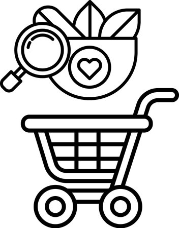 A shopping cart with a magnifying glass on it. The cart is black and whiteのイラスト素材