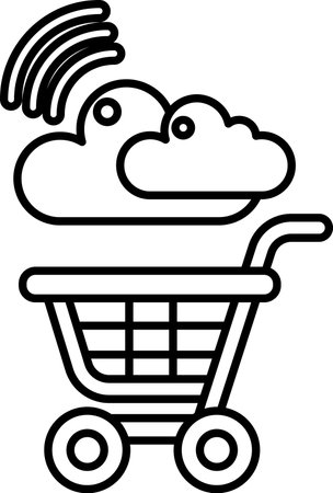 A shopping cart with a cloud in the background. The cart is empty. The cloud is white and fluffyのイラスト素材