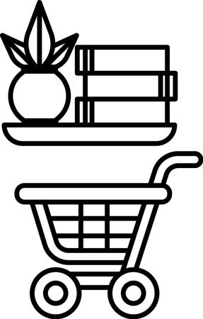 A black and white drawing of a shopping cart with a plant and books on a shelf. The cart is emptyのイラスト素材
