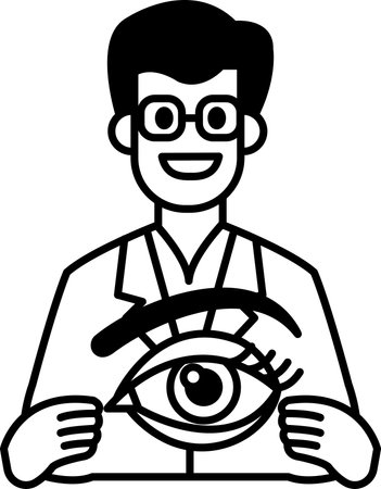 A man in a lab coat holding an eye up to the camera. The man is smiling and he is happyのイラスト素材