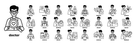 A Set of illustrations in the concept of Doctors and things in line art styleのイラスト素材