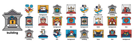 A series of icons with a key on the left and a building on the right. The icons are of various shapes and sizes, including a heart, a building, a person, and a birdのイラスト素材