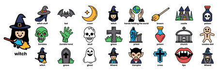 A collection of Halloween icons including witches, ghosts, vampires, and skulls. The icons are arranged in a row, with the first icon being a witch flying on a broomstickのイラスト素材