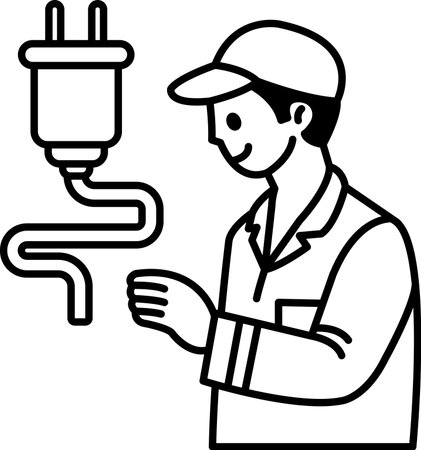 A man is fixing a wire. He is wearing a hat and a shirt. The wire is connected to a plugのイラスト素材