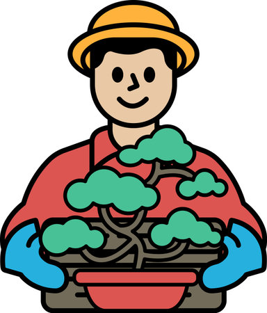 A man is holding a plant in a pot. He is wearing a red shirt and a yellow hatのイラスト素材