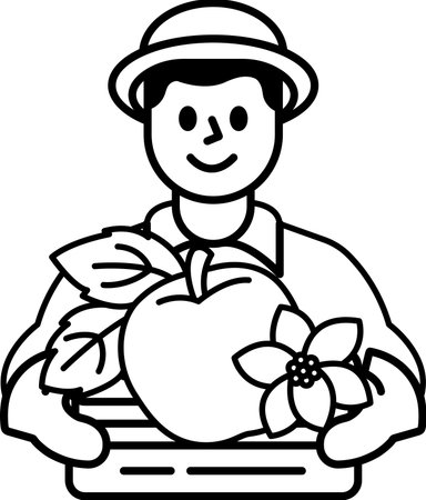 A man is holding a basket of fruit, including an apple and a flower. He is smiling and he is happyのイラスト素材