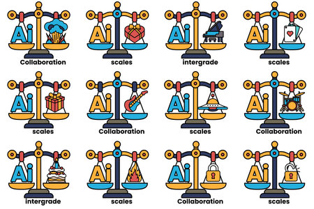 The image is a set of scales with different weights on each side. The scales are labeled with various words such as collaboration, integration, and collaborationのイラスト素材